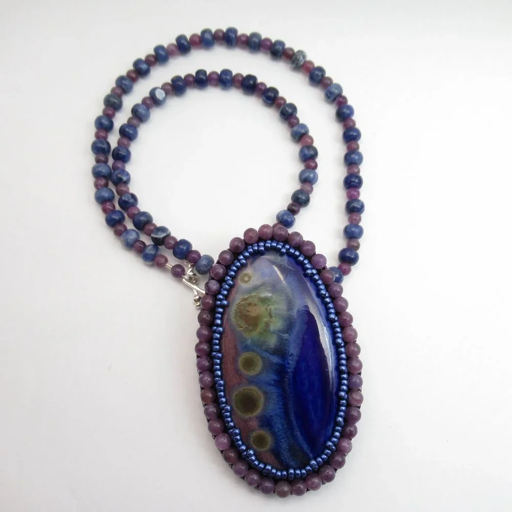 Artisan Bead embroidered cabochon on Sodalite and Lepidolite necklace